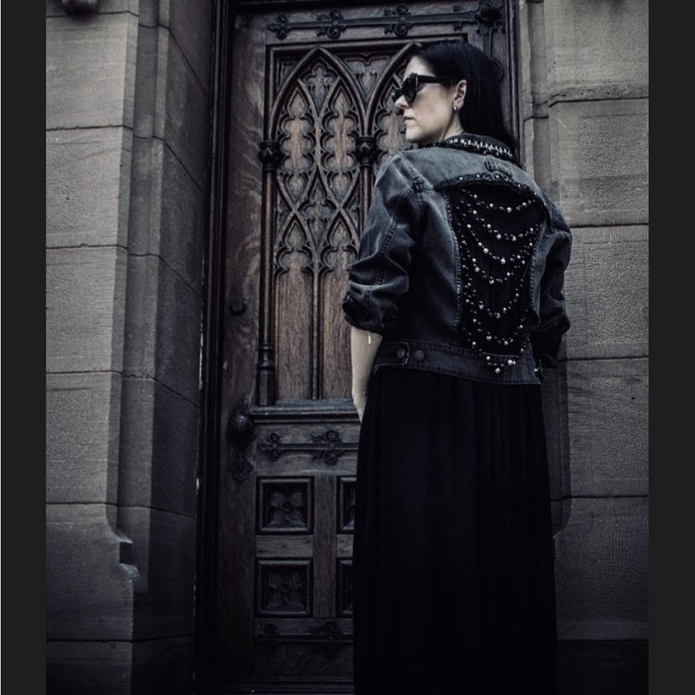 DIY Upcycled Deconstructed Black Denim Pearl Pearls Back Jacket
